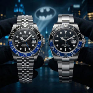 Comparatif Seiko Mod Batman vs Rolex GMT-Master II devant le Bat-Signal Gotham